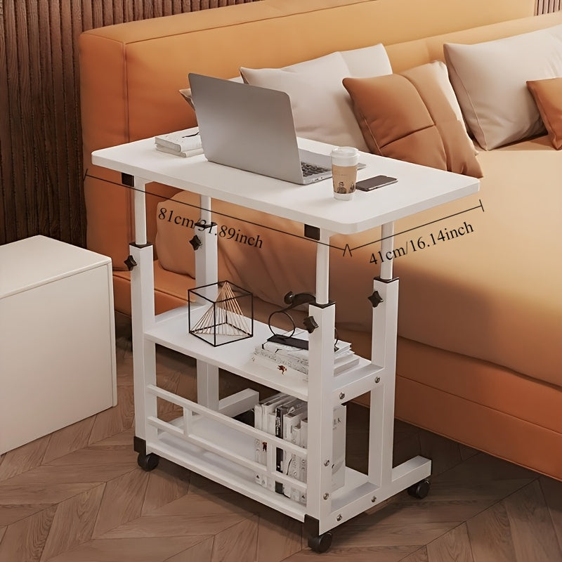 3-Tier Rolling Folding Desk with Wheels Height Adjustable Expandable Desktop Storage Shelf for Laptop Study Home Office Bedroom Living Room Computer Table