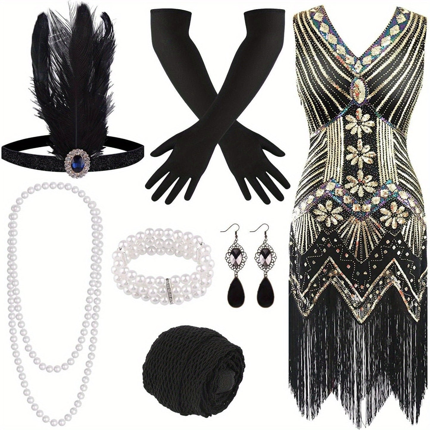 1920s Flapper Dress Women Sequin Beaded Fringe V-Neck Great Gatsby Costume with Accessories Set S-XL Red Black Gold