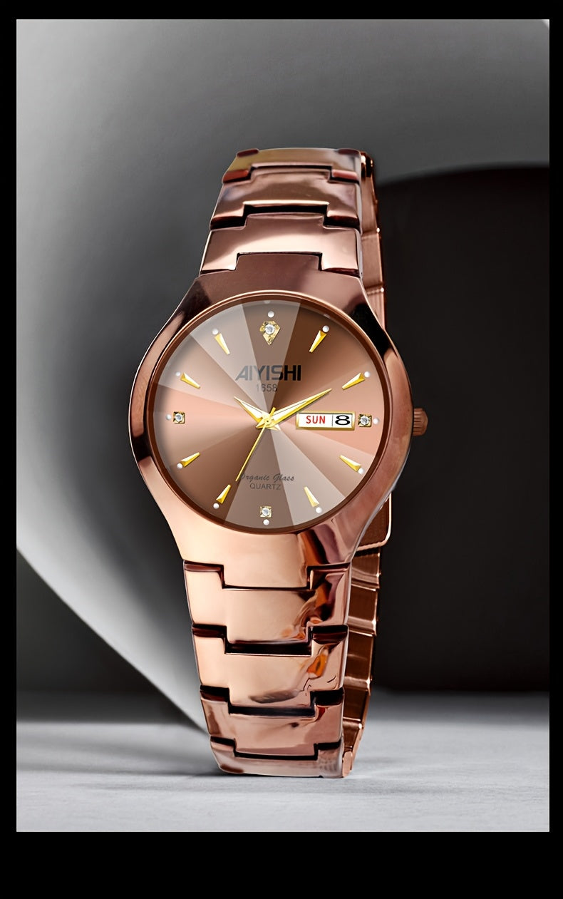 Men's Luxury Quartz Wristwatch with Double Calendar and Luminous Hands β Elegant Business Stainless Steel Watch for Men, Classic Gold Black White Dial, Perfect Gift for Him Birthday Anniversary