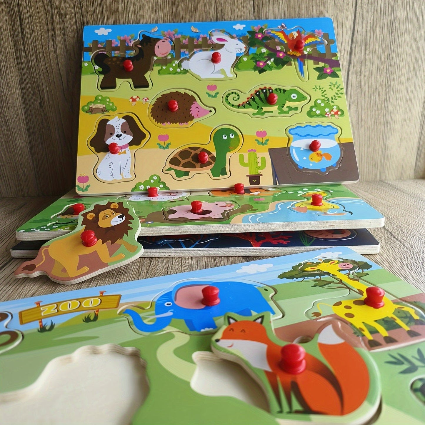 Wooden Peg Puzzle Set of 4 for Toddlers 32 Pieces Knob Puzzles Farm and Zoo Animal Themes Montessori Learning Toy for Ages 1 2 3 Birthday Christmas Easter Gift Boys Girls