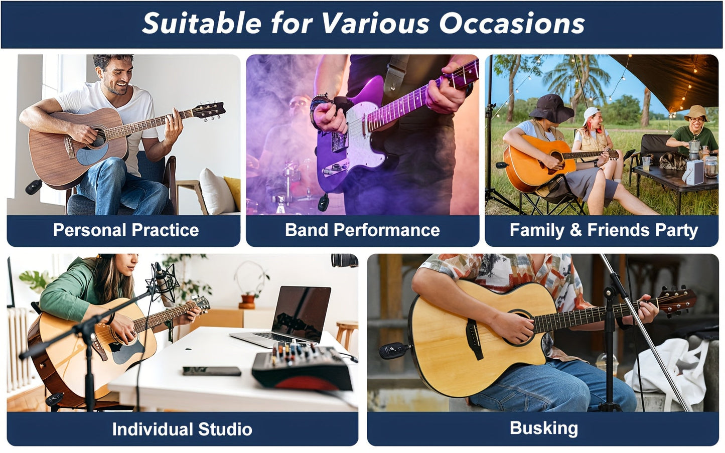 A8 Wireless Guitar System with Built-In Rechargeable Transmitter & Receiver – Stereo Audio, USB Charging, Compatible with Electric Guitar, Bass & Violin, Works with Amplifiers