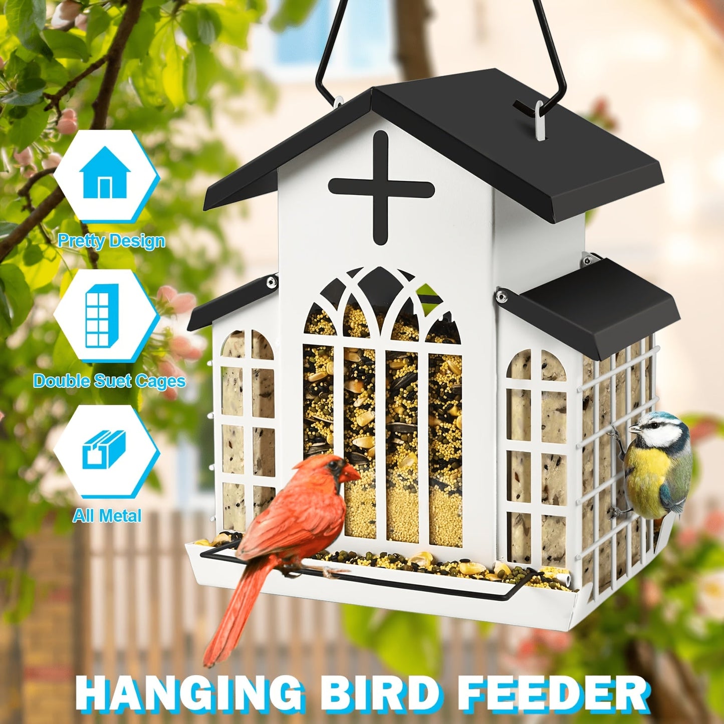 Vintage Metal Wild Bird Feeder for Outside – Triple Feeders for Finch, Cardinal & Chickadee, Large Capacity Metal Mesh Design with Easy-Hang Chains & Window Cut-Outs, 7 Style Options