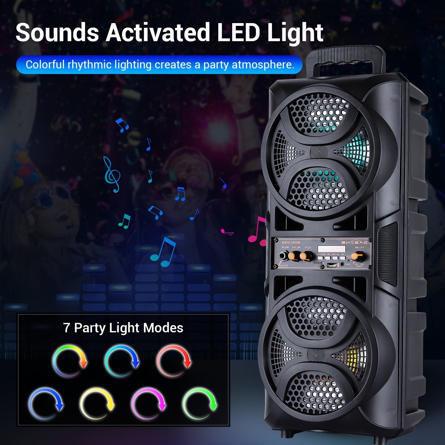 3000W Portable Bluetooth Party Speaker – Double 6.5'' Subwoofer Stereo Sound, LED Colorful Lights, FM Radio, Microphone Included, TF/USB/AUX Support, Outdoor & Home Party Speaker – Black