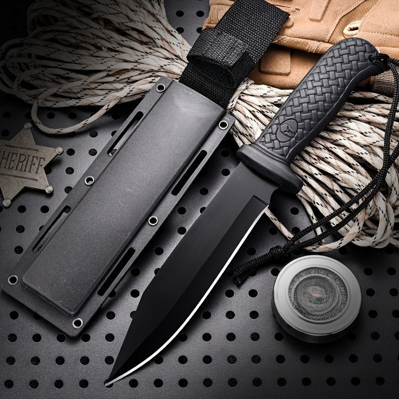 9.6-Inch Outdoor Fixed Blade Knife with Multi-Function Sheath - Black & Orange Straight Knife for Wilderness Exploration, Canyon Traversing, Mountain Hiking & Hunting, Designed for Men