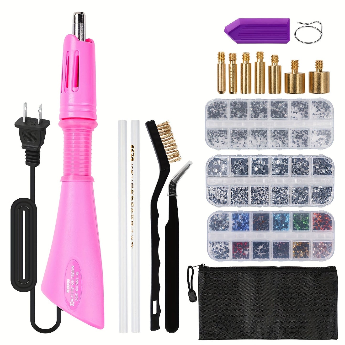 Hotfix Rhinestone Applicator Kit Complete Bedazzling Set with Wand 7 Tips Multi-Color Crystal Stones Tweezers Wax Pens & Storage Bag - DIY Bling Tool for Clothing Fabric Leather Crafts