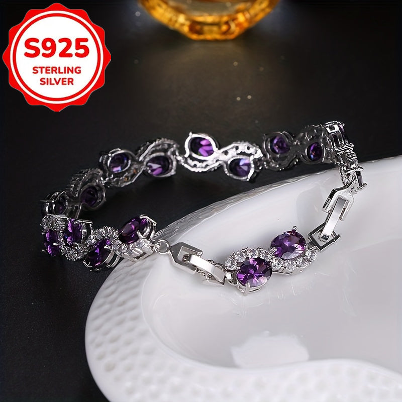 S925 Sterling Silver Purple Oval CZ Chain Bracelet for Women – Sparkling Cubic Zirconia Luxury Bracelet, Elegant Birthday & Anniversary Jewelry Gift