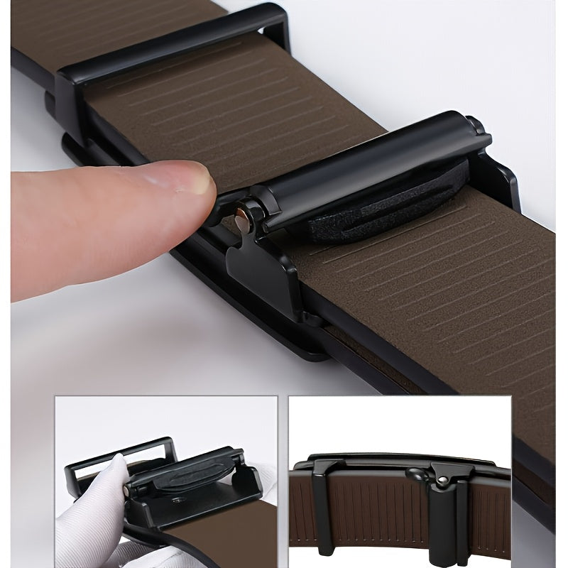 Men's Automatic Ratchet Buckle Belt - Black Adjustable Sliding Belt for Business Dress & Jeans, Durable Comfortable No-Holes Belt with Micro-Adjustable Buckle, Perfect Gift for Dad & Husband