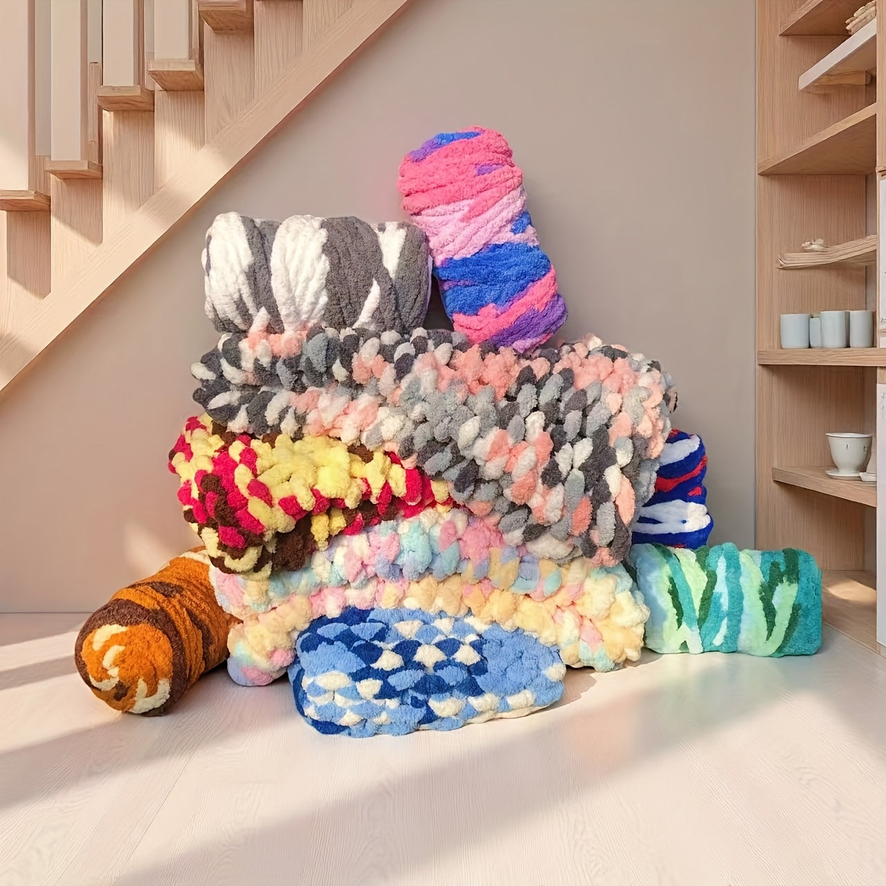 Chunky Chenille Yarn 2 Skeins 500g Hand Knitting Blanket Crochet Multicolor Striped Soft Polyester Extra Thick Plush DIY Gift for Women Men
