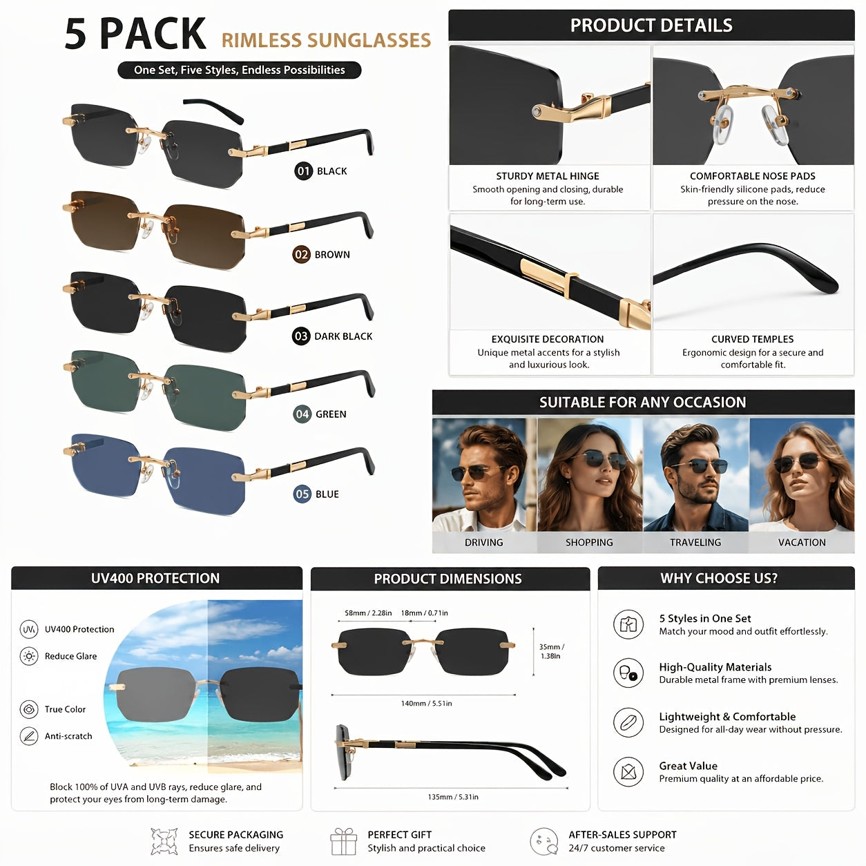 5pcs Frameless Metal Sunglasses Set for Men & Women – Rimless Lightweight Trendy Glasses in Assorted Styles, UV Protection Eyewear for Summer Parties, Street Style & Holiday Gifting