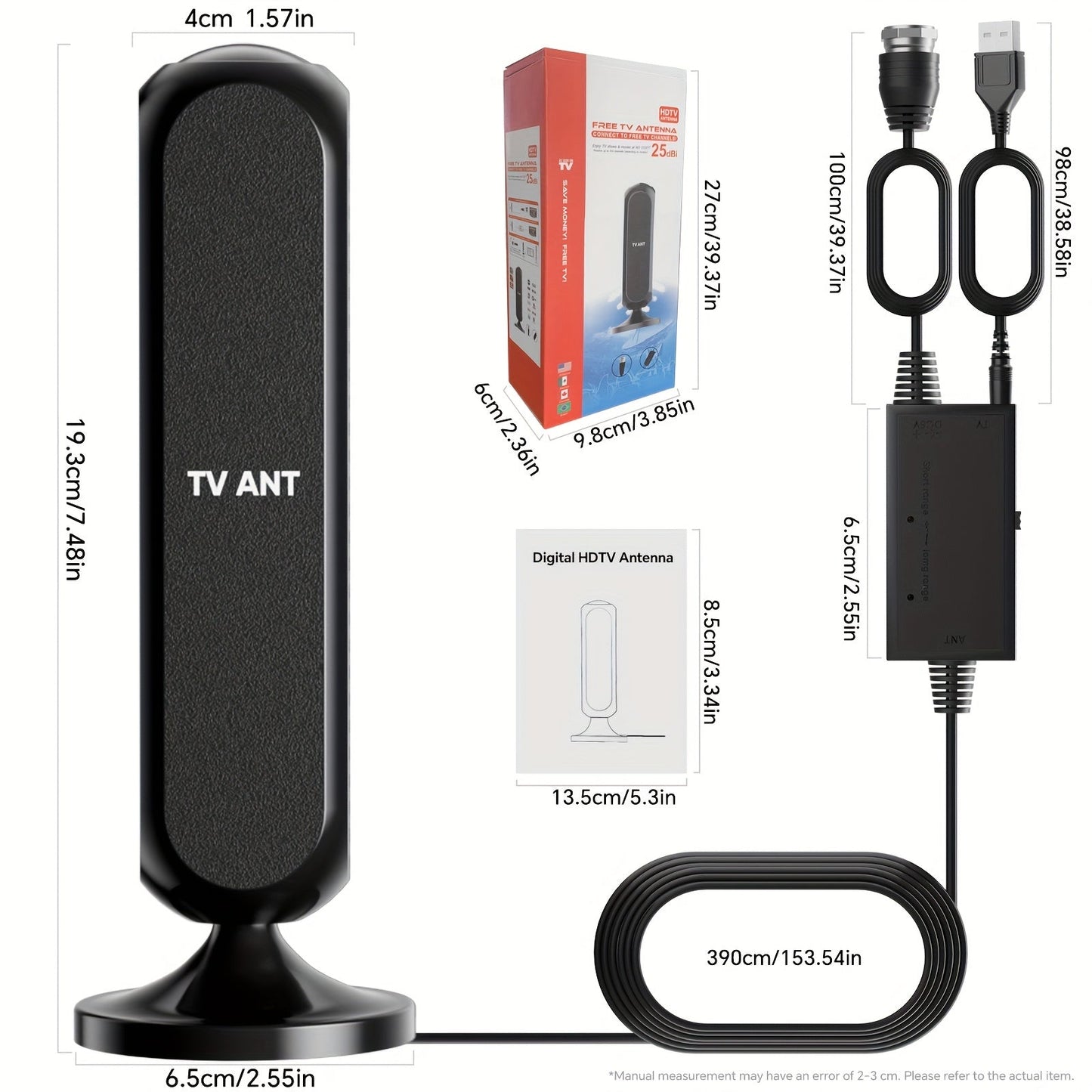 Indoor TV Antenna 200 Mile Range – 4K 1080P HD Signal Amplifier, 360° Reception, 16ft Cable, Free Local Channels, No Monthly Fee, Compatible with All TVs