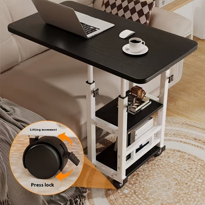 Height Adjustable Rolling Laptop Table with 4 Wheels & Dual Shelves – Mobile Workstation Desk for Bedside Dorm Office Living Room, Sturdy Steel Frame Space-Saving Design