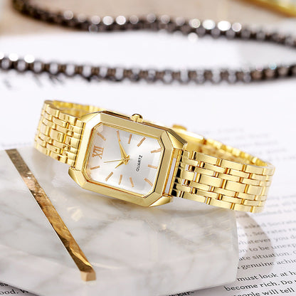 Women's Elegant Golden Tone Watch Set of 2 Stainless Steel Quartz Analog Wristwatch Rectangular Dial Round Case for Casual Dressy Special Occasions Gift for Her