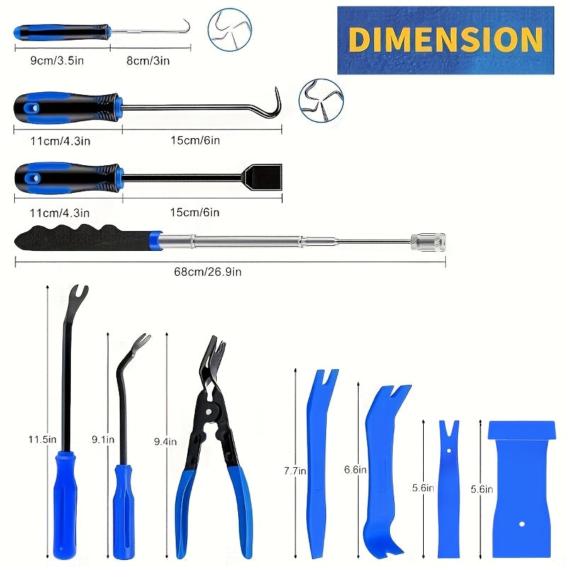 17Pcs Auto Trim Removal Tool Kit with Picks, Pry Tools, Metal Scraper & Magnetic Telescopic Pickup - Car Dash Panel Door Clip Remover Set, Bicycle Maintenance Tools