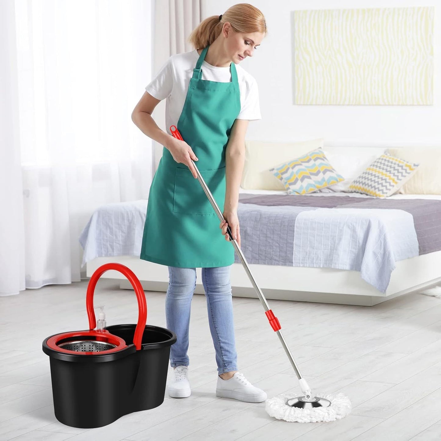 360° Spin Mop and Bucket with Wringer Set – 4 Microfiber Replacement Heads & Stainless Steel Adjustable Handle, Deep Clean Hardwood Tile Laminate Floors, Hands-Free Wringing Floor Cleaning System