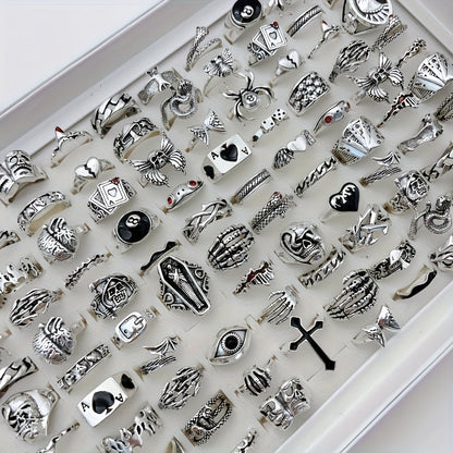 24pcs Retro Punk Ring Set for Women Men – Dark Style Spider Skull Cross Vintage Gothic Rings, Adjustable Stackable Jewelry for Daily Wear, Party, Halloween & Gift