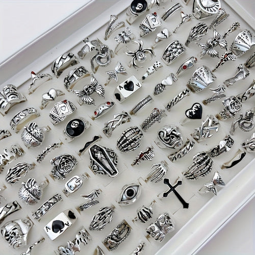 24pcs Retro Punk Ring Set for Women Men – Dark Style Spider Skull Cross Vintage Gothic Rings, Adjustable Stackable Jewelry for Daily Wear, Party, Halloween & Gift