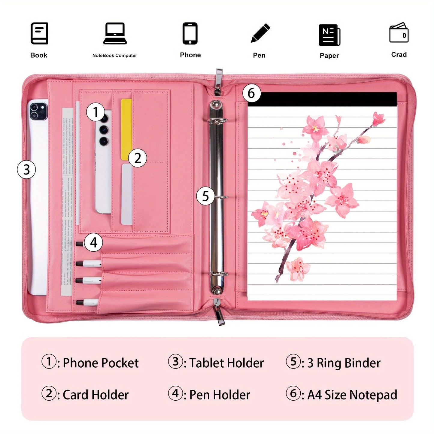 Vegan Leather Portfolio Binder 3-Ring Zipper A4 Legal Laptop Pocket Work Organizer for Women Men
