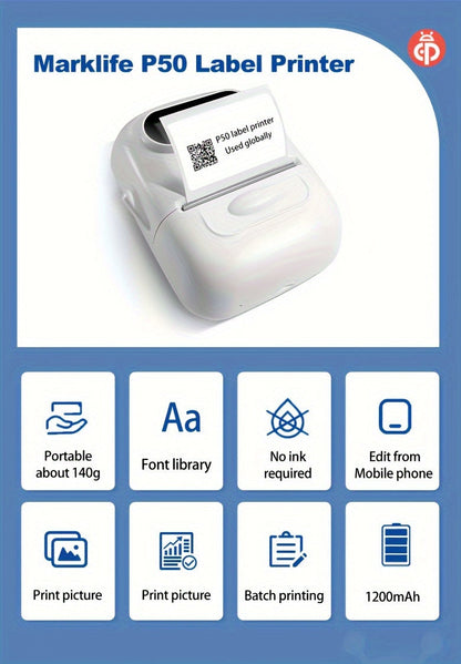Marklife P50 Portable Bluetooth Thermal Label Printer – Wireless Label Maker for Home, Office, Clothing, Jewelry & Food, Compatible with Android & iOS, Includes 40x30mm White Label Roll