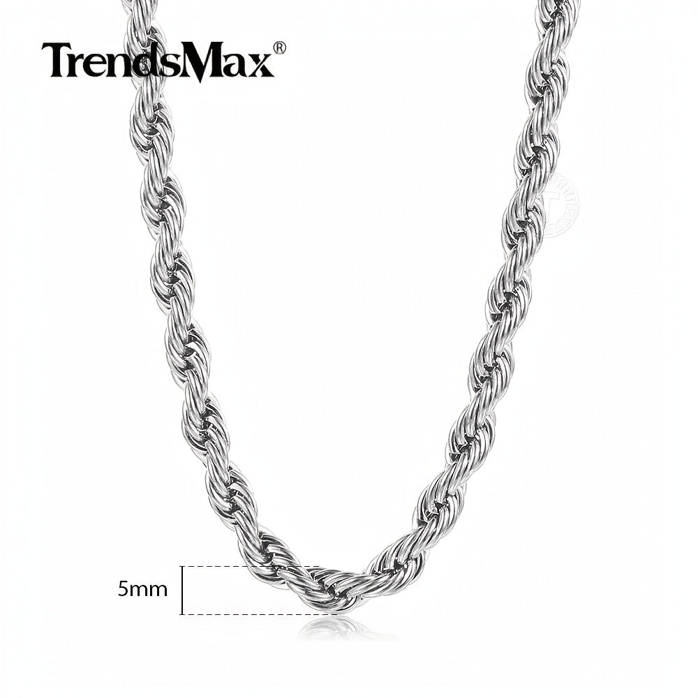 316L Stainless Steel Rope Chain Necklace for Men & Women – 5mm & 7mm Width, 16 to 30 Inch Lengths, Hypoallergenic Tarnish-Resistant Silver Chain, Unisex Jewelry for Daily Wear & Gifting
