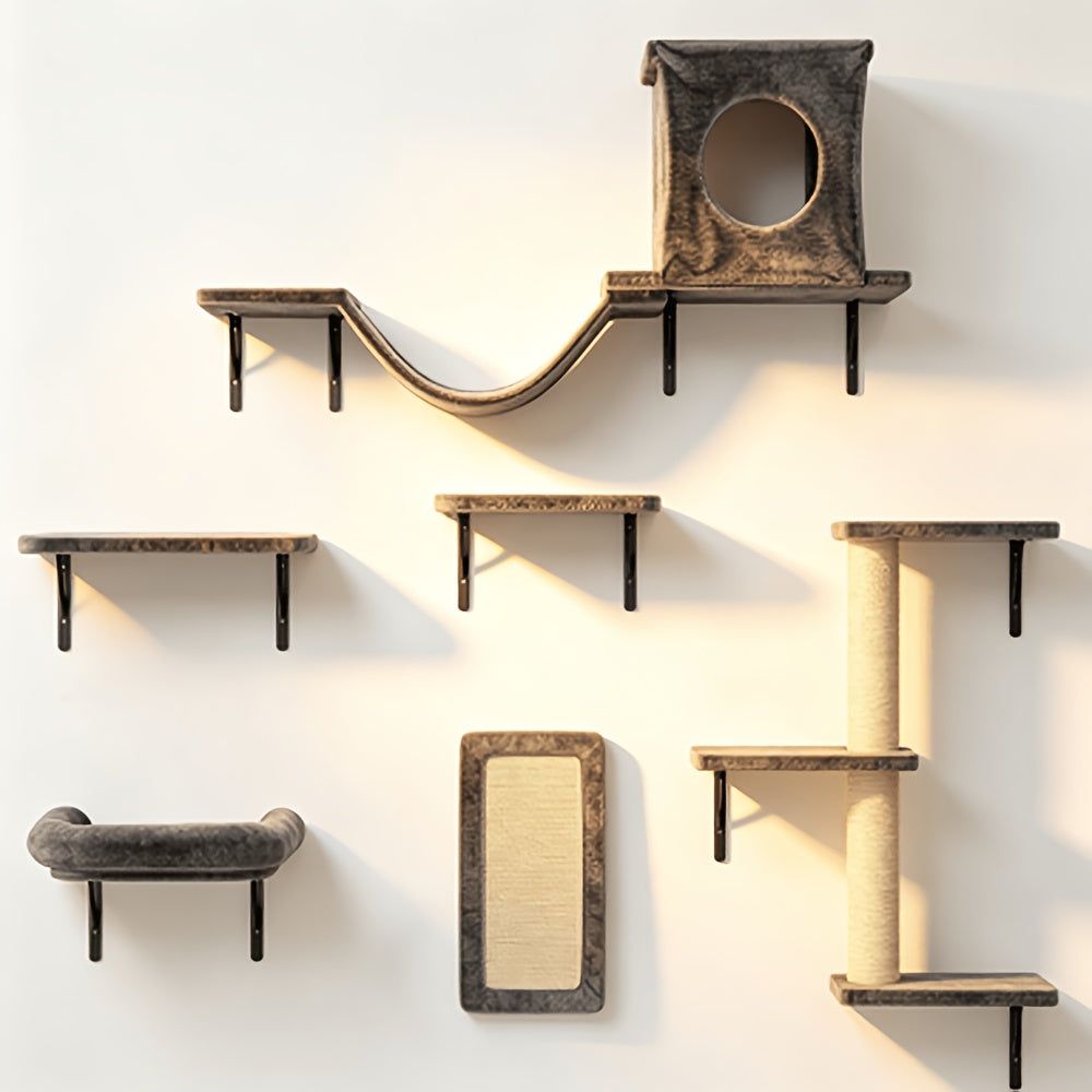 7-Piece Wall Mounted Cat Climbing Shelf Set – Deluxe Indoor Cat Furniture with Cat Condo, Wall Shelves, Scratching Post, Bridge Ladder & Tunnel, Space-Saving Cat Wall Playground for All Cat Sizes