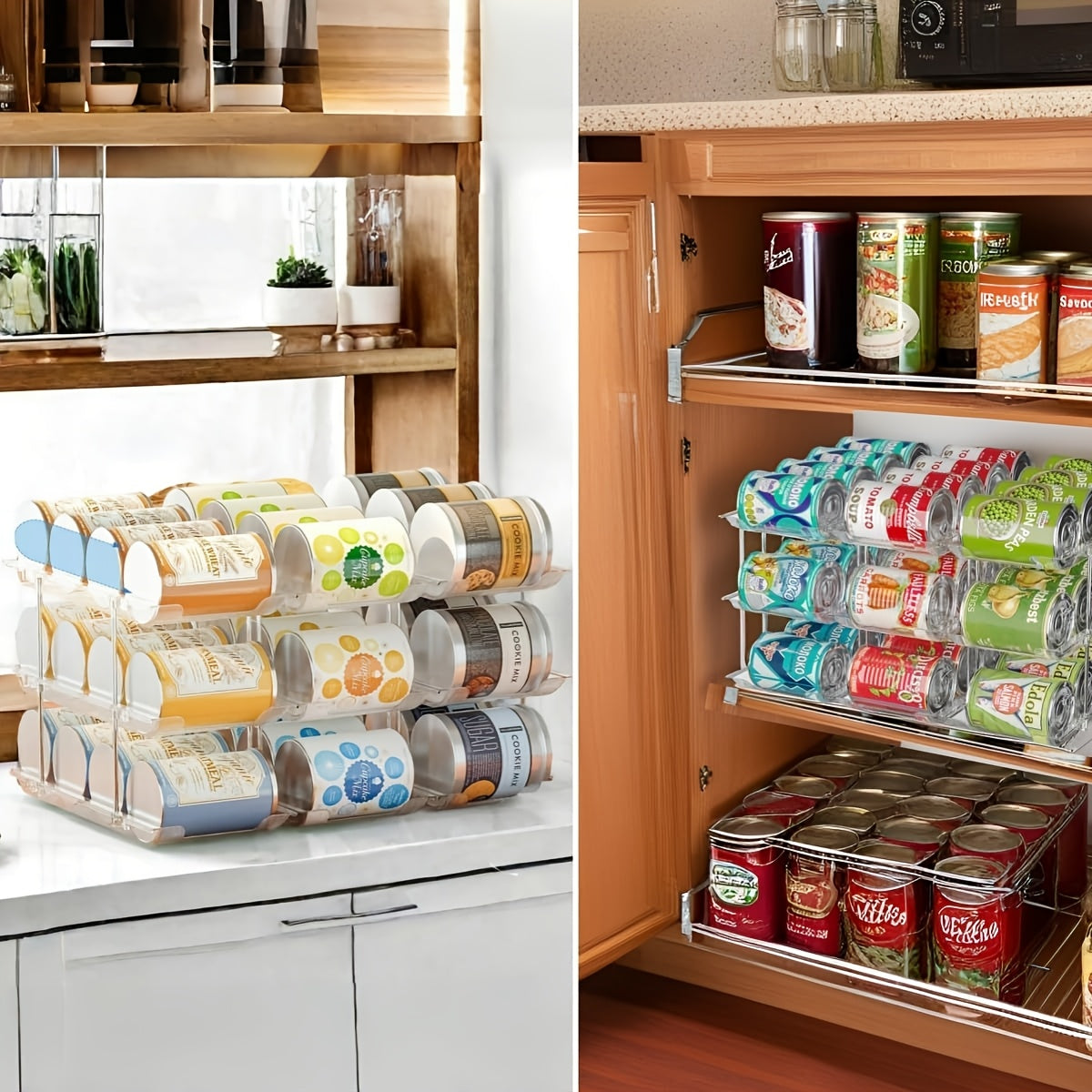 Pantry Can Organizer Rack 3-Tier Stackable – Holds 36 Cans, Auto-Rolling Transparent PET Can Storage Rack for Kitchen Pantry, Garage, Dorm & Closet, Tool-Free Assembly, Fits Soda Soup Vegetable Cans