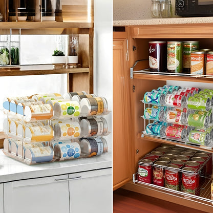 Pantry Can Organizer Rack 3-Tier Stackable – Holds 36 Cans, Auto-Rolling Transparent PET Can Storage Rack for Kitchen Pantry, Garage, Dorm & Closet, Tool-Free Assembly, Fits Soda Soup Vegetable Cans