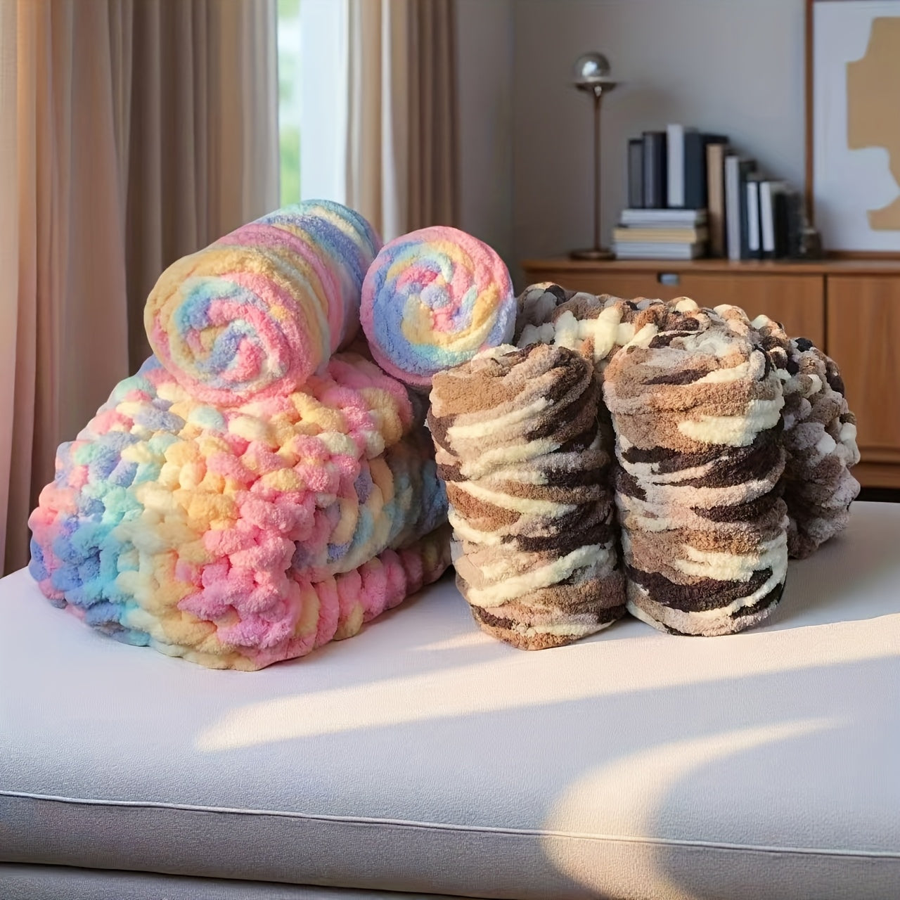 Chunky Chenille Yarn 2 Skeins 500g Hand Knitting Blanket Crochet Multicolor Striped Soft Polyester Extra Thick Plush DIY Gift for Women Men