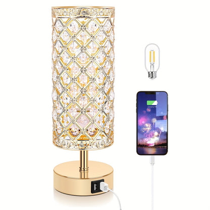 Crystal Touch Table Lamp 3-Way Dimmable with 2 USB Charging Ports LED Bulb Included Decorative Bedside Nightstand Light for Bedroom Living Room Office – Antique Bronze Rose Gold Silver