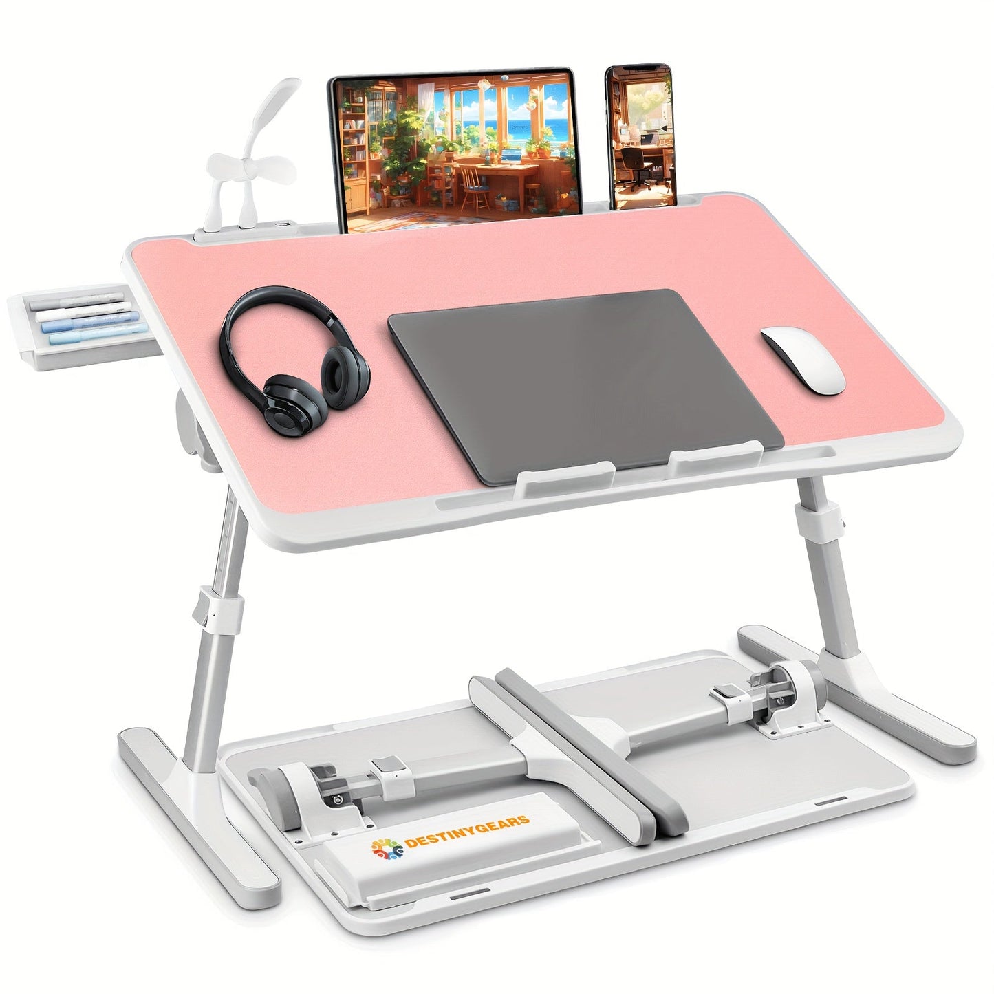 Lap Desk Bed Tray Table with USB Light Fan & Drawer – Adjustable Portable Laptop Stand for Bed Couch Sofa, Laptop Desk for Reading Writing Eating, 10 Colors & Sizes