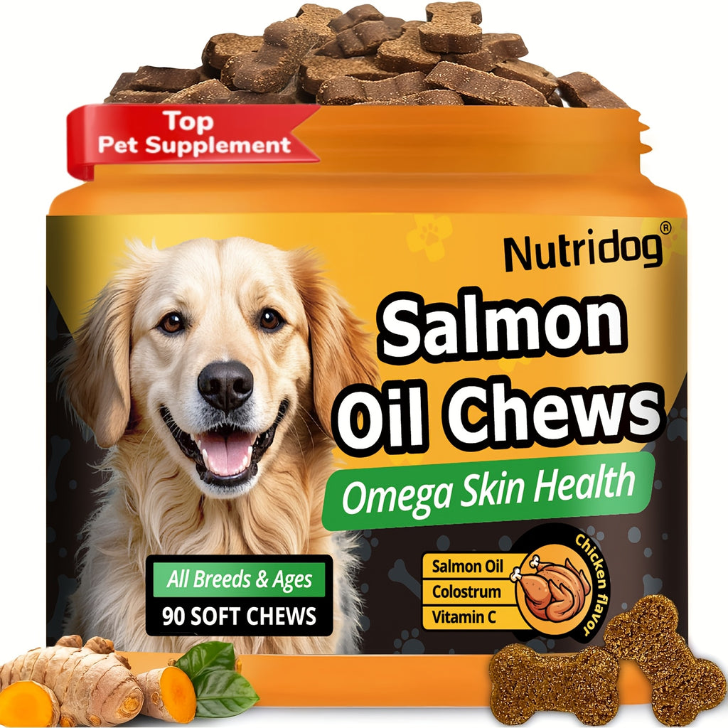 Dog Nutritional Supplement Soft Chews 90 Count with Probiotics Salmon Oil Chicken Flavor - Supports Coat Gut Health Immunity for Dogs All Ages 225g