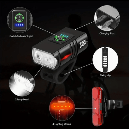 Ultra-Bright Bike Light Set USB Type-C Rechargeable – Aluminum Alloy Front Light 6 Modes & Rear Light 4 Modes, Fast Charge LED Bicycle Lights for Night Riding Camping Safety