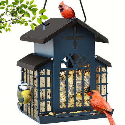 Vintage Metal Wild Bird Feeder for Outside – Triple Feeders for Finch, Cardinal & Chickadee, Large Capacity Metal Mesh Design with Easy-Hang Chains & Window Cut-Outs, 7 Style Options