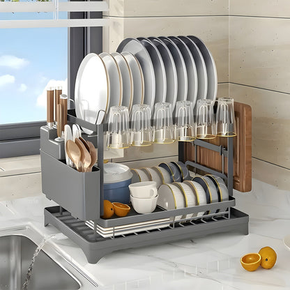 Two-Tier Dish Drying Rack with Drainboard – Metal Kitchen Dish Drainer for Counter, 2-Level Dish Holder for Plates, Cups, Bowls & Utensils, Black Gray White, Standard & Plus Size