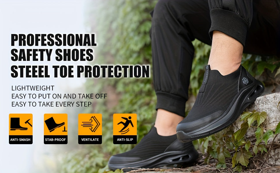 Steel Toe Work Shoes for Men Slip-On Lightweight Safety Sneakers Puncture-Resistant Non-Slip Loafers Black Grey Blue Sizes US 5.5-14
