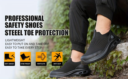 Steel Toe Work Shoes for Men Slip-On Lightweight Safety Sneakers Puncture-Resistant Non-Slip Loafers Black Grey Blue Sizes US 5.5-14
