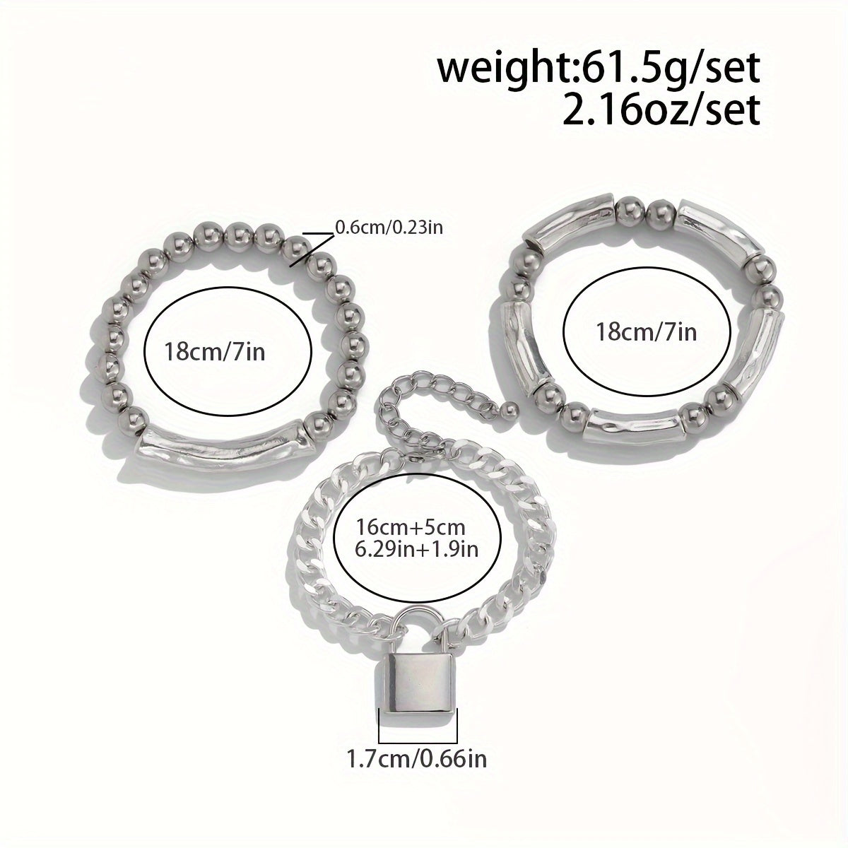 3pcs 925 Sterling Silver Beaded Punk Bracelet Set with Lock Pendant – Exquisite Stackable Edgy Silver Wrist Jewelry for Women Men Teens, Party Festival Daily Wear Gift