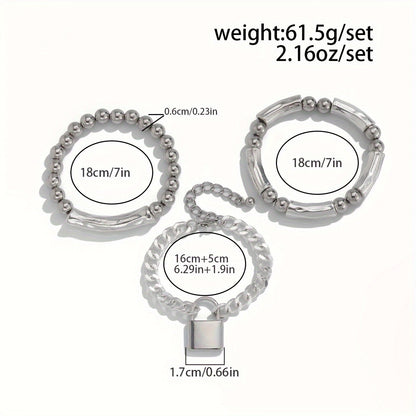 3pcs 925 Sterling Silver Beaded Punk Bracelet Set with Lock Pendant – Exquisite Stackable Edgy Silver Wrist Jewelry for Women Men Teens, Party Festival Daily Wear Gift