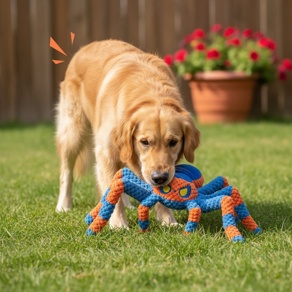 Squeaky Spider Dog Toy for Large Dogs – Interactive Crinkle Tug of War Plush Puppy Toy with Squeaker Head & Crinkle Legs, Keeps Dogs Busy for Hours, No Battery Needed, Blue & Red Spider