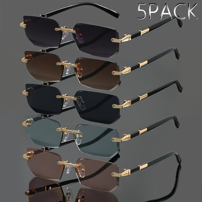 5pcs Frameless Metal Sunglasses Set for Men & Women – Rimless Lightweight Trendy Glasses in Assorted Styles, UV Protection Eyewear for Summer Parties, Street Style & Holiday Gifting