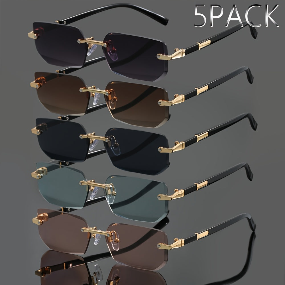 5pcs Frameless Metal Sunglasses Set for Men & Women – Rimless Lightweight Trendy Glasses in Assorted Styles, UV Protection Eyewear for Summer Parties, Street Style & Holiday Gifting