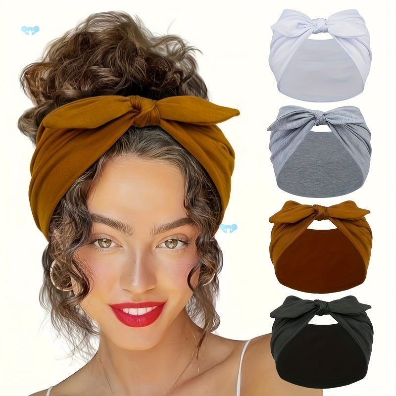 4-Pack Wide Rabbit Ear Bow Headbands for Women – Non-Slip Elastic Satin Sports Yoga Gym Hair Wrap, Soft Thick Turban Hairband Gift Set