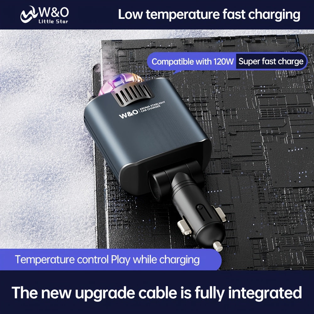 3-in-1 Car Charger Air Freshener & Starry Sky Ceiling Light – Dual Retractable Type-C & Lightning Cable 80cm, Aromatherapy Diffuser for iPhone 16/15 Samsung S25/S24, Car Interior Upgrade Gift