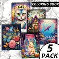 Adult Coloring Books Set of 5 with 150 Unique Designs – Spiral Bound Mindfulness Art Books Featuring Butterflies, Cats, Ocean, Cottage & Magical Wishes – Perfect Stress Relief Gift for Women, Men & Teens