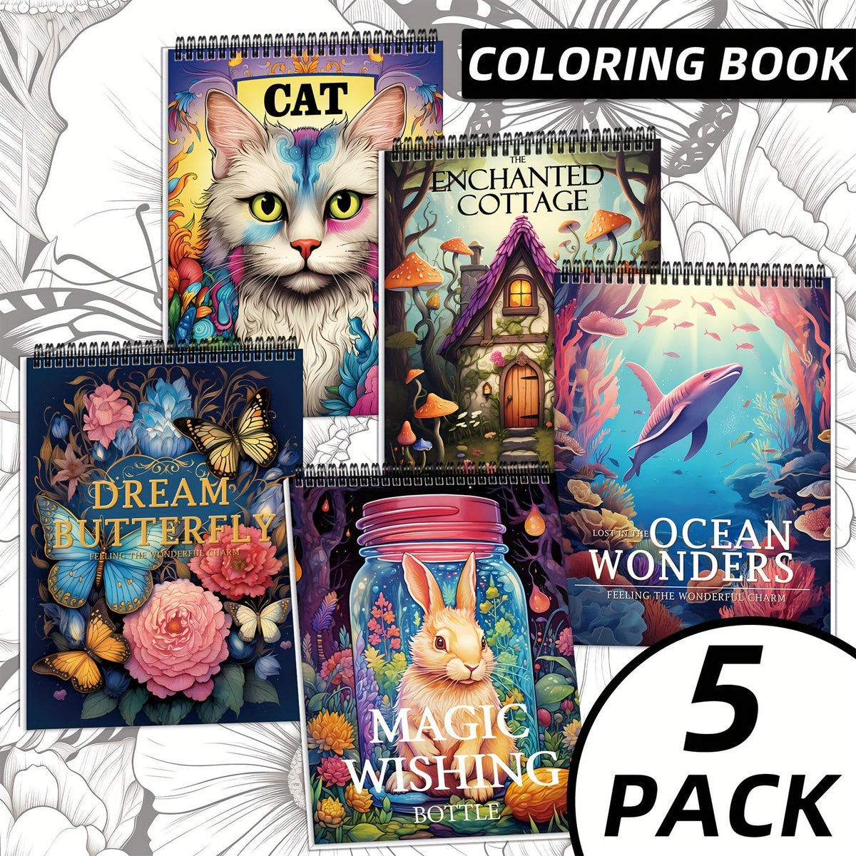 Adult Coloring Books Set of 5 with 150 Unique Designs – Spiral Bound Mindfulness Art Books Featuring Butterflies, Cats, Ocean, Cottage & Magical Wishes – Perfect Stress Relief Gift for Women, Men & Teens
