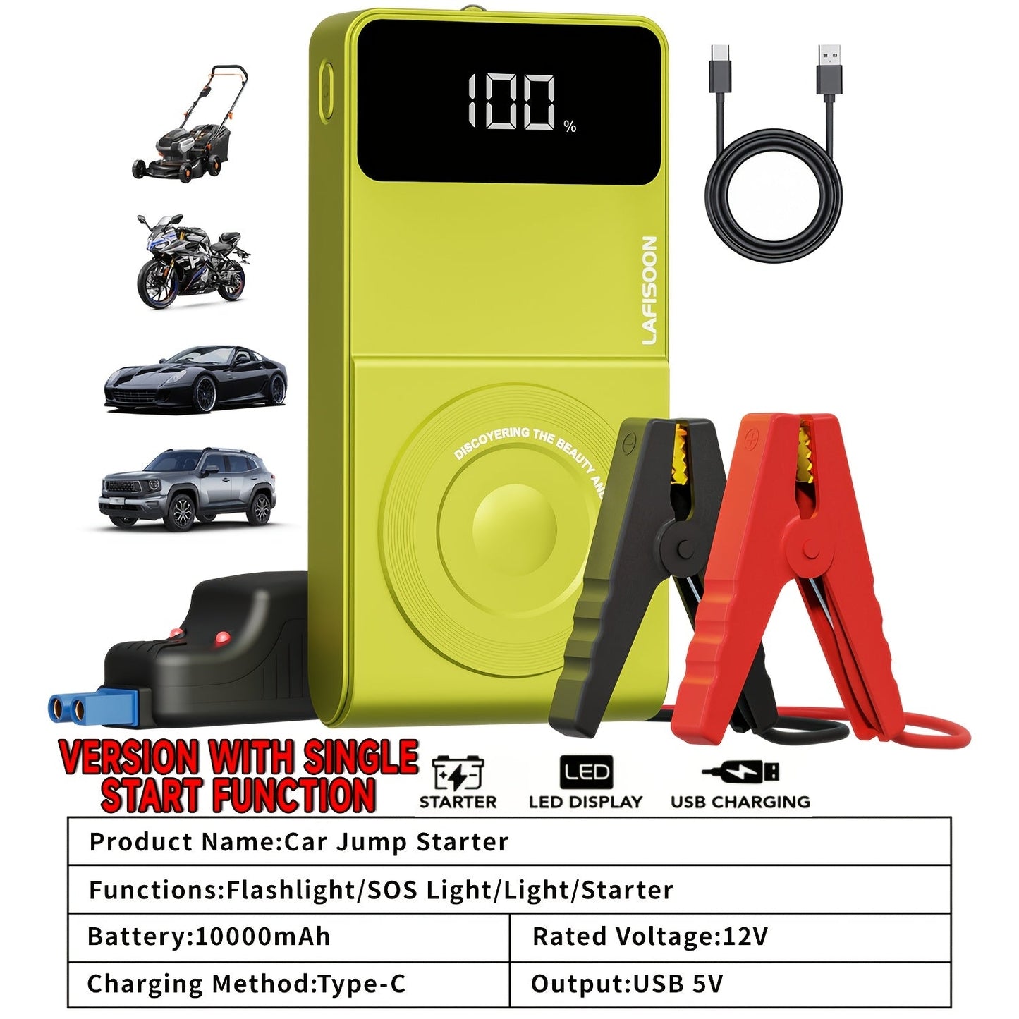 Portable Car Jump Starter 12V Battery Booster Pack with Optional Air Compressor - Emergency Battery Jump Start for Gasoline & Diesel Engines, Compatible with Sedans, SUVs, Trucks & Lawn Mowers