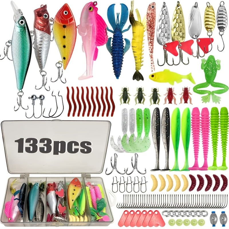 133 Piece Fishing Tackle Kit with Spinner Baits, Wobblers, Lead Jigs, Sinkers, Hooks & Tackle Box – Complete Freshwater Beginner Fishing Set for Bass, Trout & Panfish