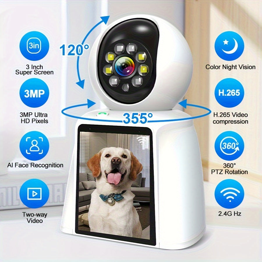 WiFi PTZ Indoor Camera with 3 Inch Built-In Screen 3MP HD Video Calling Two-Way Audio Color Night Vision AI Detection Pet Baby Elderly Monitor Home Security Camera App Control