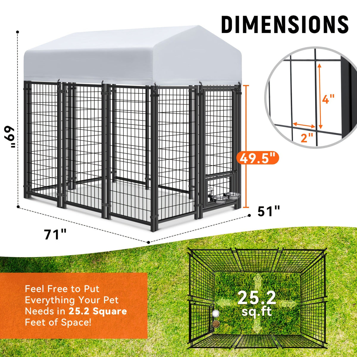 Large Dog Enclosure Outdoor Heavy Duty Welded Wire Steel Dog Playpen with UV-Resistant Roof Cover, Secure Lock Pet Pen Fence for Big Dogs Outside Exercise Play Area