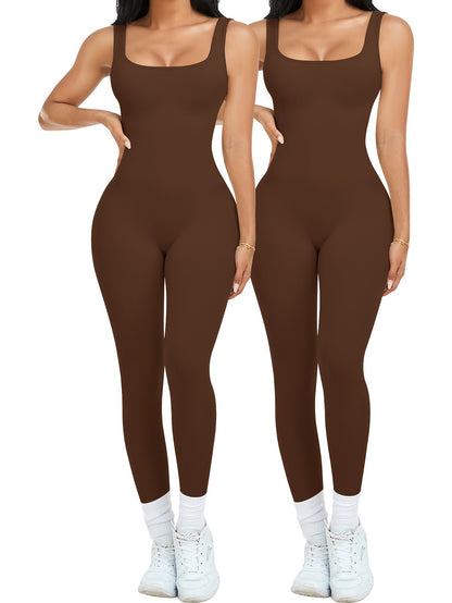 2-Pack Women's Sleeveless Square Neck Long Jumpsuit - 90% Nylon Thick Stretchy Impermeable Activewear Bodysuit for Yoga Pilates Running Fitness, Washable One-Piece Workout Suit Sizes S-XL