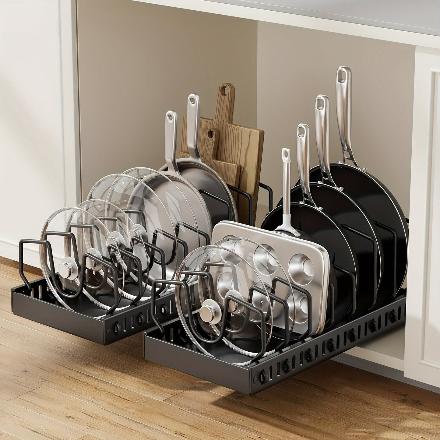 Pull Out Pot and Pan Organizer for Under Cabinet, 2-Pack Slide Out Cabinet Organizer with 8 Adjustable Dividers, Pot Lid Holder Rack for Kitchen Cookware & Baking Sheet Storage